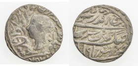 BHARATPUR: Jaswant Singh, 1853-1893, AR rupee, Braj Indrapur, 1858//VS1910, KM-157, name and portrait of Queen Victoria // star left of the katar mint...