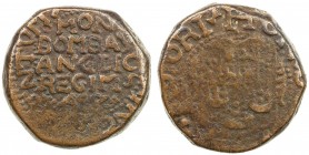 BOMBAY PRESIDENCY: Anonymous, 1672-1678, AE copperoon (14.93g), Bombay, year 8 (1673), Stv-1.41 (A/9), Prid-84, date as Ao8o, scrolls flanking the shi...