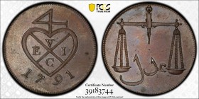 BOMBAY PRESIDENCY: AE pice, 1791, KM-193, East India Company issue, proof struck at Matthew Boulton's Soho Mint, Birmingham, PCGS graded PF63 BR.
Est...