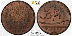 MADRAS PRESIDENCY: AE 5 cash, 1803, KM-316, East India Company issue, superb example! PCGS graded MS64 RB.
Estimate: USD 100 - 150