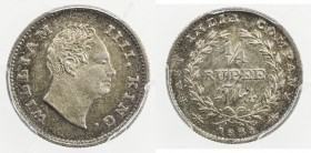 BRITISH INDIA: William IV, 1830-1837, AR ¼ rupee, 1835 (b), KM-448.3, S&W-1.72, without initials on truncation, PCGS graded MS63.
Estimate: USD 75 - ...