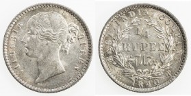 BRITISH INDIA: Victoria, Queen, 1837-1876, AR ¼ rupee, 1840 (b&c), KM-454.2, W.W. raised on truncation, plain 4 in date, without complete crossbar, Un...