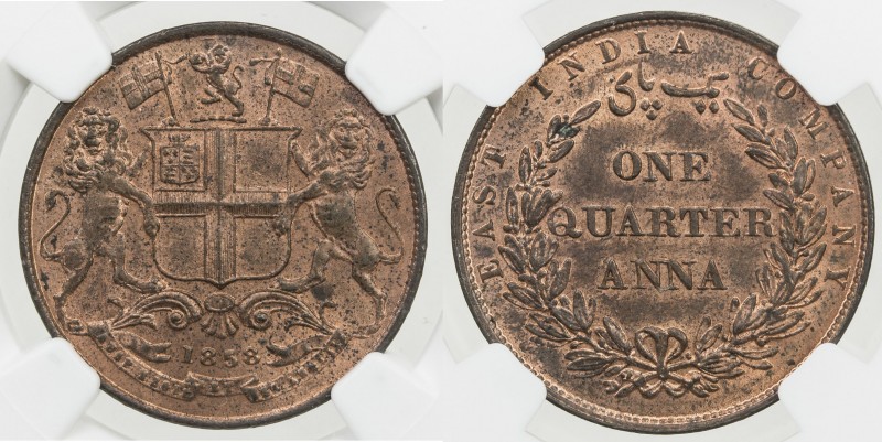 BRITISH INDIA: Victoria, Queen, 1837-1876, AE ¼ anna, 1858 (w), KM-463.1, S&W-3....