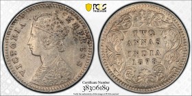 BRITISH INDIA: Victoria, Empress, 1876-1901, AR 2 annas, 1878 (c), KM-488, S&W-6.354, PCGS graded AU53.
Estimate: USD 40 - 60