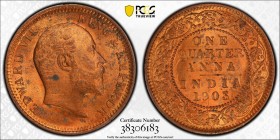 BRITISH INDIA: Edward VII, 1901-1910, AE ¼ anna, 1903 (c), KM-501, S&W-7.157, PCGS graded MS63 RB.
Estimate: USD 40 - 60