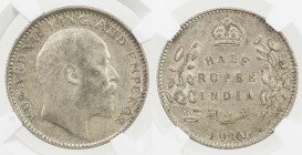 BRITISH INDIA: Edward VII, 1901-1910, AR ½ rupee, 1910 (c), KM-507, NGC graded AU55.
Estimate: USD 100 - 125