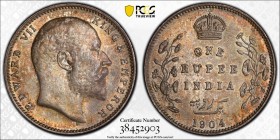 BRITISH INDIA: Edward VII, 1901-1910, AR rupee, 1904 (c), KM-508, S&W-7.23, Prid-190, a lovely example with attractive original toning! PCGS graded MS...