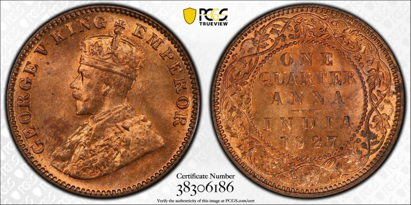 BRITISH INDIA: George V, 1910-1936, AE ¼ anna, 1927 (c), KM-512, S&W-8.363, PCGS...