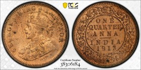 BRITISH INDIA: George V, 1910-1936, AE ¼ anna, 1913 (c), KM-512, S&W-8.339, scarce date in mint state, PCGS graded MS63 RB, S. 
Estimate: USD 50 - 75...