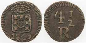 PORTUGUESE INDIA: Maria II, 1834-1853, AE 4½ reis, 1845, KM-258, Gomes-M2.04.02, somewhat better date, wonderful strike, VF.
Estimate: USD 50 - 60