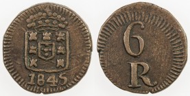 PORTUGUESE INDIA: Maria II, 1834-1853, AE 6 reis, 1845, KM-259, Gomes-M2.06.01, better date, interesting obverse die scratches, misaligned reverse die...