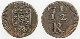 PORTUGUESE INDIA: Maria II, 1834-1853, AE 7½ reis, 1845, KM-260, Gomes-M2.08.01, interesting obverse die scratches, slightly off-center, Choice VF.
E...