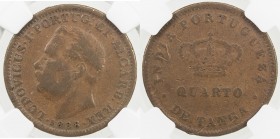PORTUGUESE INDIA: Luiz I, 1861-1889, AE 1/8 tanga, 1881, KM-307, NGC graded MS61 BR.
Estimate: USD 100 - 150