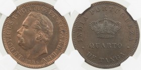 PORTUGUESE INDIA: Luiz I, 1861-1889, AE ¼ tanga, 1886, KM-308, much original red on obverse; surface hairlines (very minor), NGC graded Unc details.
...