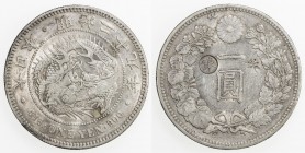 CHOPMARKED COINS: JAPAN: Meiji, 1868-1912, AR yen, year 29 (1896), Y-28a.2, JNDA-1-10C, with gin countermark left for Osaka mint, with two Chinese mer...