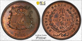 BRITISH NORTH BORNEO: AE ½ cent, 1891-H, KM-1, British North Borneo Company issue, cleaned, PCGS graded Unc details.
Estimate: USD 60 - 80