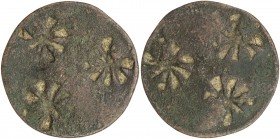 BURMA: AE token (5.49g), ND (before 1940), gambling token, stamped with 3 sunrays on each side of what is likely a worn British Indian ¼ anna copper c...