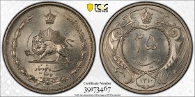 IRAN: Reza Shah, 1925-1941, 25 dinars, SH1310, KM-1125, one year type struck in 1931 with new minting machinery supplied by Germany, PCGS graded MS63....