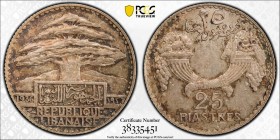 LEBANON: French Mandate, AR 25 piastres, 1936, KM-7, Lec-37, PCGS graded MS63.
Estimate: USD 100 - 150
