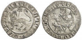 ARMENIA: Levon I, 1198-1219, AR double tram (5.51g), Bed-10, king seated, facing, holding globus cruciger & fleur-de-lys // lion left, holding tall pa...