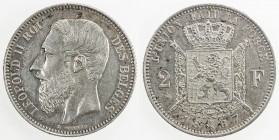 BELGIUM: Léopold II, 1865-1909, AR 2 francs, 1867, KM-30, French legend, with cross on crown, AU.
Estimate: USD 65 - 85