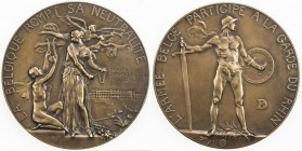 BELGIUM: AE medal (90.94g), 1919, 70mm bronze medal for the End of Belgian Neutrality by Paul Dubois, Belgia stands facing with head left towards knee...