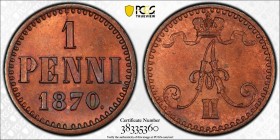 FINLAND: Alexander II, 1855-1881, AE penni, 1870, KM-1, a lovely example! PCGS graded MS65 RB.
Estimate: USD 50 - 75