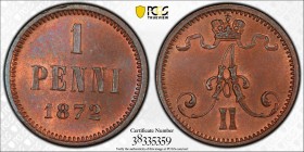FINLAND: Alexander II, 1855-1881, AE penni, 1872, KM-1, a lovely example! PCGS graded MS65 RB.
Estimate: USD 50 - 75
