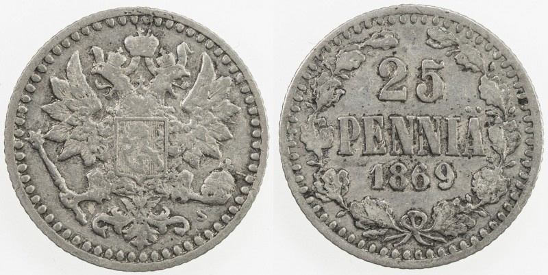 FINLAND: Alexander II, 1855-1881, AR 25 penniä, 1869, KM-6.1, mintmaster S, with...