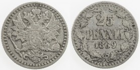 FINLAND: Alexander II, 1855-1881, AR 25 penniä, 1869, KM-6.1, mintmaster S, with dotted border, VF to EF.
Estimate: USD 50 - 75