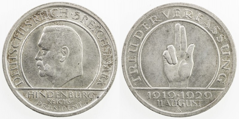 GERMANY: Weimar Republic, AR 5 marik, 1929-A, KM-64, 10th Anniversary of the Wei...