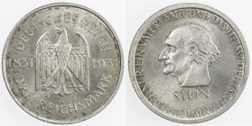 GERMANY: Weimar Republic, AR 3 reichsmark, 1931-A, KM-73, Jaeger-348, Berlin Mint issue, Death of von Stein Centennial, light tone, Unc.
Estimate: US...