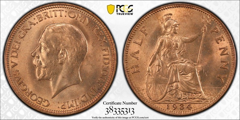 GREAT BRITAIN: George V, 1910-1936, AE halfpenny, 1934, KM-837, S-4058, a superb...