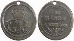 GREAT BRITAIN: AE road pass (15.06g), 1737, Mitch-5663, with number "876" engraved at bottom of obverse, oval 36x32mm bronze road pass, pierced for su...