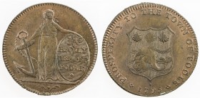 GREAT BRITAIN: AE farthing token (4.22g), 1795, D&H-10, Dorsetshire, Poole, Hope holding anchor and shield inscribed JAs / BAYLY / DRAPER / POOLE // a...