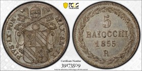 PAPAL STATES: Pius IX, 1846-1878, AR 5 baiocchi, 1855 year IX, KM-1341a, a lovely quality example with bright original luster! PCGS graded MS64+, ex W...
