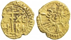 SICILY: Roger (Ruggero) II, as King, 1130-1354, AV tari (1.32g) (Messina), AH54x, Spahr-64, name in Arabic, 3 pellets in center // IC XC NI KA around ...