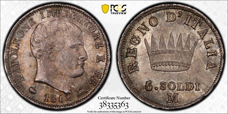 KINGDOM OF ITALY: Napoleone, 1804-1814, AR 5 soldi, 1812-M, Cr-5.1, PCGS graded ...