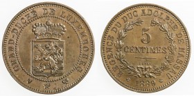 LUXEMBOURG: Willem III, 1849-1890, AE 5 centimes, 1889, KM-E15, ESSAI for a type never accepted for general circulation, lacquered, AU.
Estimate: USD...