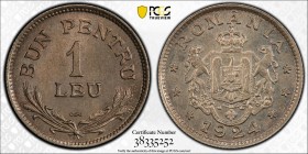 ROMANIA: Ferdinand I, 1914-1927, 1 lei, Poissy mint, 1924, KM-46, thunderbolt privy mark, PCGS graded MS65.
Estimate: USD 40 - 60