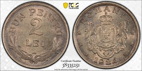 ROMANIA: Ferdinand I, 1914-1927, 2 lei, Poissy mint, 1924, KM-47, thunderbolt privy mark, PCGS graded MS65.
Estimate: USD 40 - 60