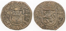 SPAIN: Felipe II, 1556-1598, AE cuartillo, ND, Calicó-808, obverse symbols: cross - C, reverse symbols: chalise and star - cross (uncommon combination...