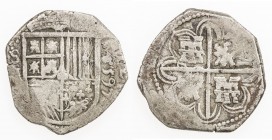 SPAIN: Felipe II, 1556-1598, AR 2 reales (6.45g), 1597-S, Calicó-551, assayer B, cob issue, light scratches, nearly complete shield and cross, Fine to...