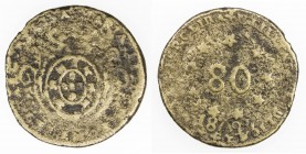 TERCEIRA: Maria II, in exile, 1828-1833, 80 reis, 1829, KM-4.2, cast brass issue from bell or gun metal, crude edges, much porosity as made, better va...