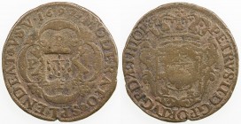ANGOLA: Uncertain Era, AE 40 reis (?), ND, crude shield countermark on 1697 Angola 20 reis (KM-1), perhaps a local imitation of the Brazilian counterm...