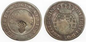 ANGOLA: Maria II, 1834-1853, AE 2 macutas, ND (1837), KM-51.1, crowned arms revaluation countermark on 1763 Angola macuta (KM-12), bold countermark, C...