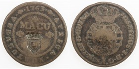 ANGOLA: Maria II, 1834-1853, AE 2 macutas, ND [1837], KM-51.1, countermark crowned arms on Portuguese Africa 1763 Angola macuta KM-12 type, Fine. Reva...