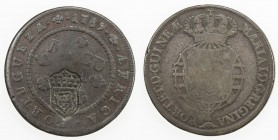 ANGOLA: Maria II, 1834-1853, AE 2 macutas, ND [1837], KM-51.3, countermark crowned arms on Portuguese Africa 1789 Angola macuta KM-31 type, VF. Revalu...