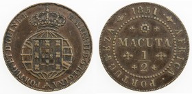 ANGOLA: Maria II, 1834-1853, AE ½ macuta, 1851, KM-56, a couple obverse rim nicks, scarce type, VF, S, ex Wolfgang Schuster Collection. 
Estimate: US...