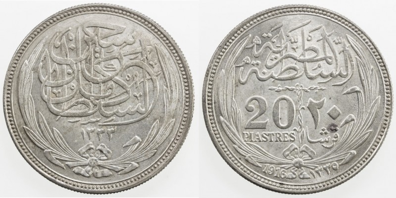 EGYPT: Hussein Kamil, 1914-1917, AR 20 piastres, 1916/AH1335, KM-321, AU.
Estim...